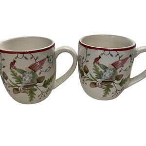 2 Pottery Barn Forest Gnome Stoneware 20 oz Holiday Christmas Festive Mugs